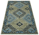 Olive, Charcoal and Blue Hand Knotted Traditional Mamluk Design 5x8 wool area Rug
