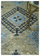 Olive, Charcoal and Blue Hand Knotted Traditional Mamluk Design 5x8 wool area Rug
