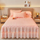 GobekUsa Cotton Lace Ruffles Quilted Bed Skirt Set with Pillowcases
