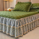 GobekUsa Cotton Lace Ruffles Quilted Bed Skirt Set with Pillowcases
