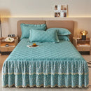 GobekUsa Cotton Lace Ruffles Quilted Bed Skirt Set with Pillowcases