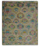 Olive, Teal, Brown and Pink Traditional Ikat Design Hand knotted 8x10 wool Area Rug by The Rug Decor