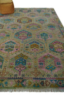 Olive, Teal, Brown and Pink Traditional Ikat Design Hand knotted 8x10 wool Area Rug by The Rug Decor