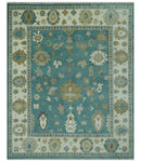 Ollie Custom Made Teal, Ivory and Olive Hand Knotted Oushak Wool Rug
