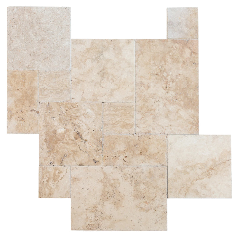 Olympus Beige French Pattern Set Brushed and Chiseled Travertine Tiles