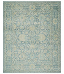 One of a Kind 8x10 Hand Knotted Blue and Beige Antique Traditional Low Pile wool Area Rug