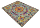 Orange Silver Mustard Hand Knotted Wool Area Rug Mamluk Medallion Design