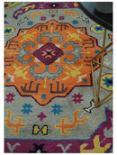 Orange Silver Mustard Hand Knotted Wool Area Rug Mamluk Medallion Design