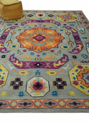 Orange Silver Mustard Hand Knotted Wool Area Rug Mamluk Medallion Design
