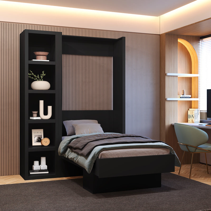 Easy-Lift Twin Murphy Wall Bed in Black with Bookshelf