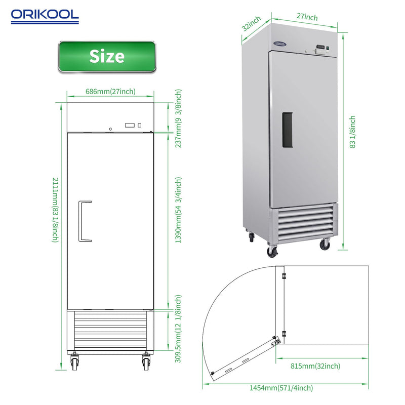 Orikool 27 Inch Commercial 23 Cu.Ft Reach-In Stainless Steel Freezer (SAK96352)
