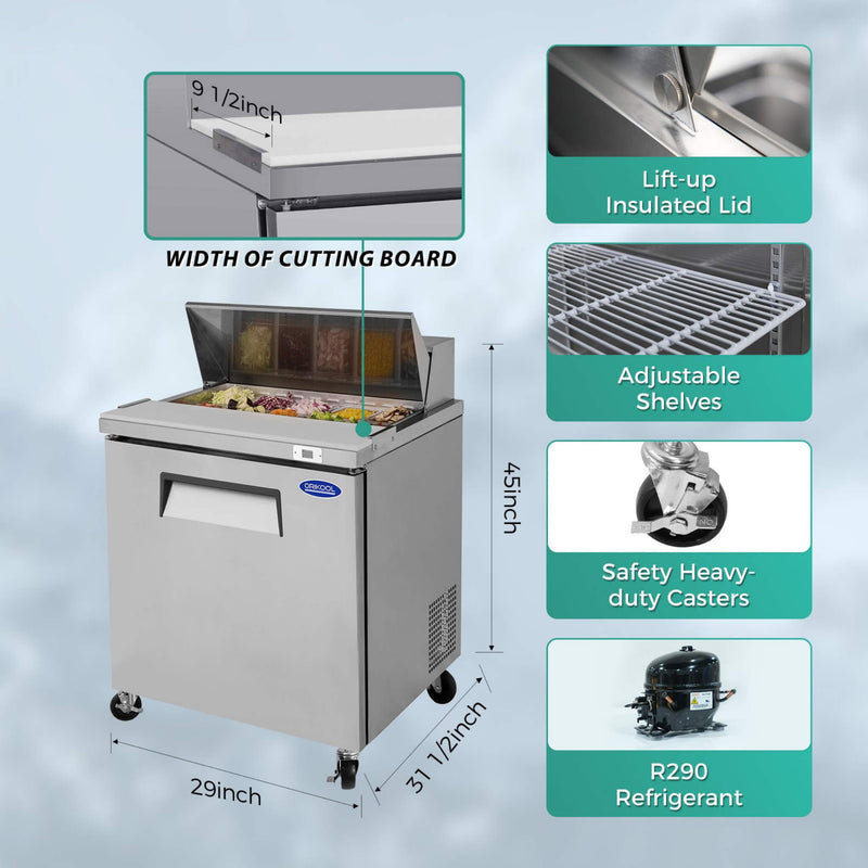 Orikool Commercial Refrigerator Sandwich & Salad Prep Table With Butcher Block Cutting Board (SAK31598)