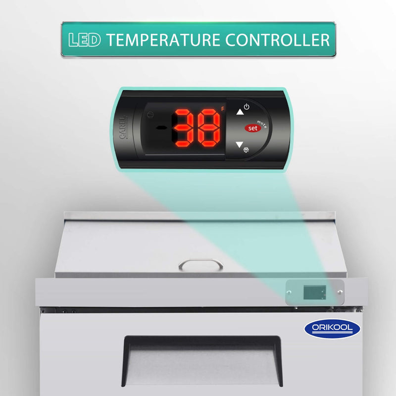 Orikool Commercial Refrigerator Sandwich & Salad Prep Table With Butcher Block Cutting Board (SAK31598)