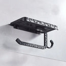 Ornate black metal toilet paper holder with phone shelf bathroom storage by Decorbites