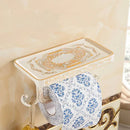 Ornate black metal toilet paper holder with phone shelf bathroom storage by Decorbites