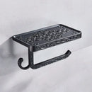 Ornate black metal toilet paper holder with phone shelf bathroom storage by Decorbites