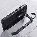 Ornate black metal toilet paper holder with phone shelf bathroom storage by Decorbites
