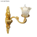 GobekUsa Crystal Glass Sconce: Single Bulb Gold Flower Wall Light with Swooping Arm