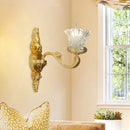 GobekUsa Crystal Glass Sconce: Single Bulb Gold Flower Wall Light with Swooping Arm