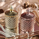 Ornate gold & rose gold faceted glass storage jar bedroom decor by Decorbites
