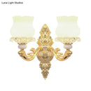 GobekUsa Gold Crystal Wall Mounted Light with 2 Cream Glass Bloom Heads - Simplicity for Living Room