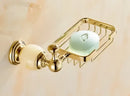 GobekUsa Brass Jade Bathroom Hardware Set: Corner Shelf, Paper Holder, Towel Bar, Soap Basket, Rack.
