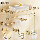 GobekUsa Brass Jade Bathroom Hardware Set: Corner Shelf, Paper Holder, Towel Bar, Soap Basket, Rack.