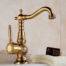 GobekUsa Brass Carved Bathroom Faucet, Single Handle Hot & Cold Water Mixer Tap
