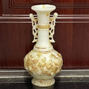 White Marble Vase With Gold Finish And Ming Qing Antique Jade Dragons, Elegant Home Decor Sculpture