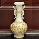 White Marble Vase With Gold Finish And Ming Qing Antique Jade Dragons, Elegant Home Decor Sculpture