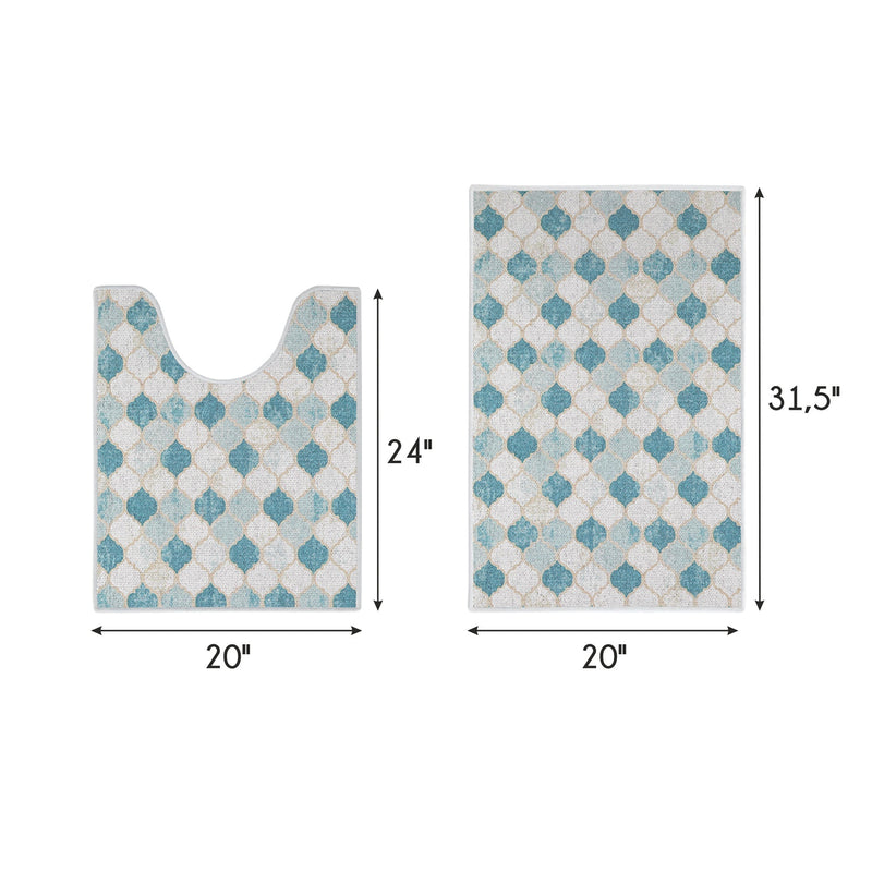 Moroccan Design 2 Piece Bathroom Rugs Set | Beige&Blue