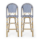 Outdoor Rattan French Barstool Set - Navy Blue & White