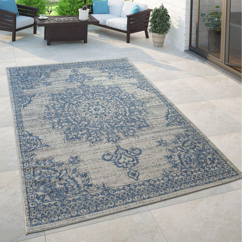Outdoor Rug Blue Beige Oriental Design Floral Pattern Balcony Living Room