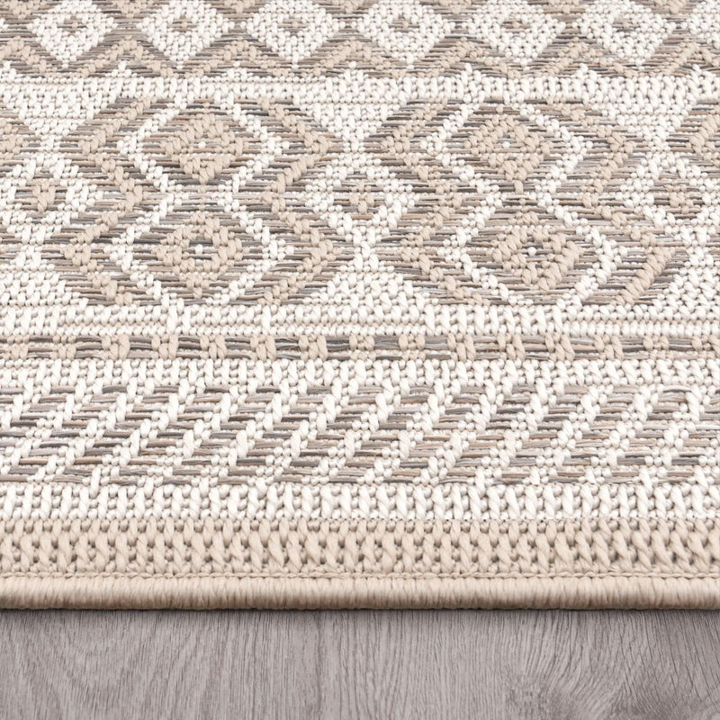 Outdoor Rug for Patio or Balcony Modern flatweave Boho ornaments in Cream Beige