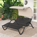 Outdoor Double Chaise Lounge Chair with Sunshade Canopy and Headrest Pillows-Black by LJGDeals