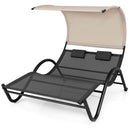 Outdoor Double Chaise Lounge Chair with Sunshade Canopy and Headrest Pillows-Black by LJGDeals