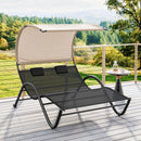 Outdoor Double Chaise Lounge Chair with Sunshade Canopy and Headrest Pillows-Black by LJGDeals