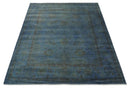 Overdyed Blue Hand Knotted 8x10 Traditional Antique Style Oushak Wool Accent Rug