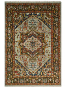 Blue and Brown Traditional Antique look Heriz Serapi Hand Knotted Custom Made wool Area Rug