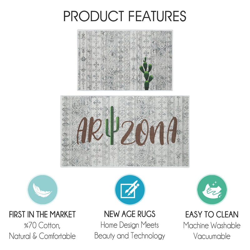 US States Arizona Design Non Skid Washable Kitchen Runner Rugs Set of 2| 44 x 24 and 31.5 x 20 Inches Floor Mats |Gray