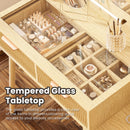 Fluted Glass-Top Makeup Vanity Desk with Glass Cabinet