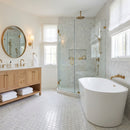 Modern bathroom with freestanding bathtub, wooden vanity, and glass shower enclosure. Palia White Dolomite Mosaic Tile 2" Hexagon on 12" x 12" Mesh - Polished