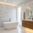 Modern bathroom with freestanding bathtub, wooden vanity, and decorative wall tiles. Palia White Dolomite Mosaic Tile Laguna Pattern on 12" x 12" Mesh - Polished