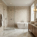 Modern bathroom with freestanding bathtub, shower, and wooden vanity. Palissandro Marble Big Basketweave Honed on 12" x 12" Mesh Mosaic Tile