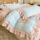 GobekUsa Blue Pink Lattice Bedding Set: Princess Ruffles Bow, 100% Cotton Quilt Cover, Sheet, Pillowcases