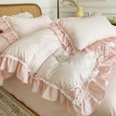 GobekUsa Blue Pink Lattice Bedding Set: Princess Ruffles Bow, 100% Cotton Quilt Cover, Sheet, Pillowcases