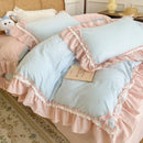 GobekUsa Blue Pink Lattice Bedding Set: Princess Ruffles Bow, 100% Cotton Quilt Cover, Sheet, Pillowcases