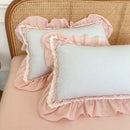 GobekUsa Blue Pink Lattice Bedding Set: Princess Ruffles Bow, 100% Cotton Quilt Cover, Sheet, Pillowcases