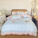 GobekUsa Blue Pink Lattice Bedding Set: Princess Ruffles Bow, 100% Cotton Quilt Cover, Sheet, Pillowcases