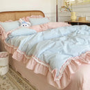 GobekUsa Blue Pink Lattice Bedding Set: Princess Ruffles Bow, 100% Cotton Quilt Cover, Sheet, Pillowcases